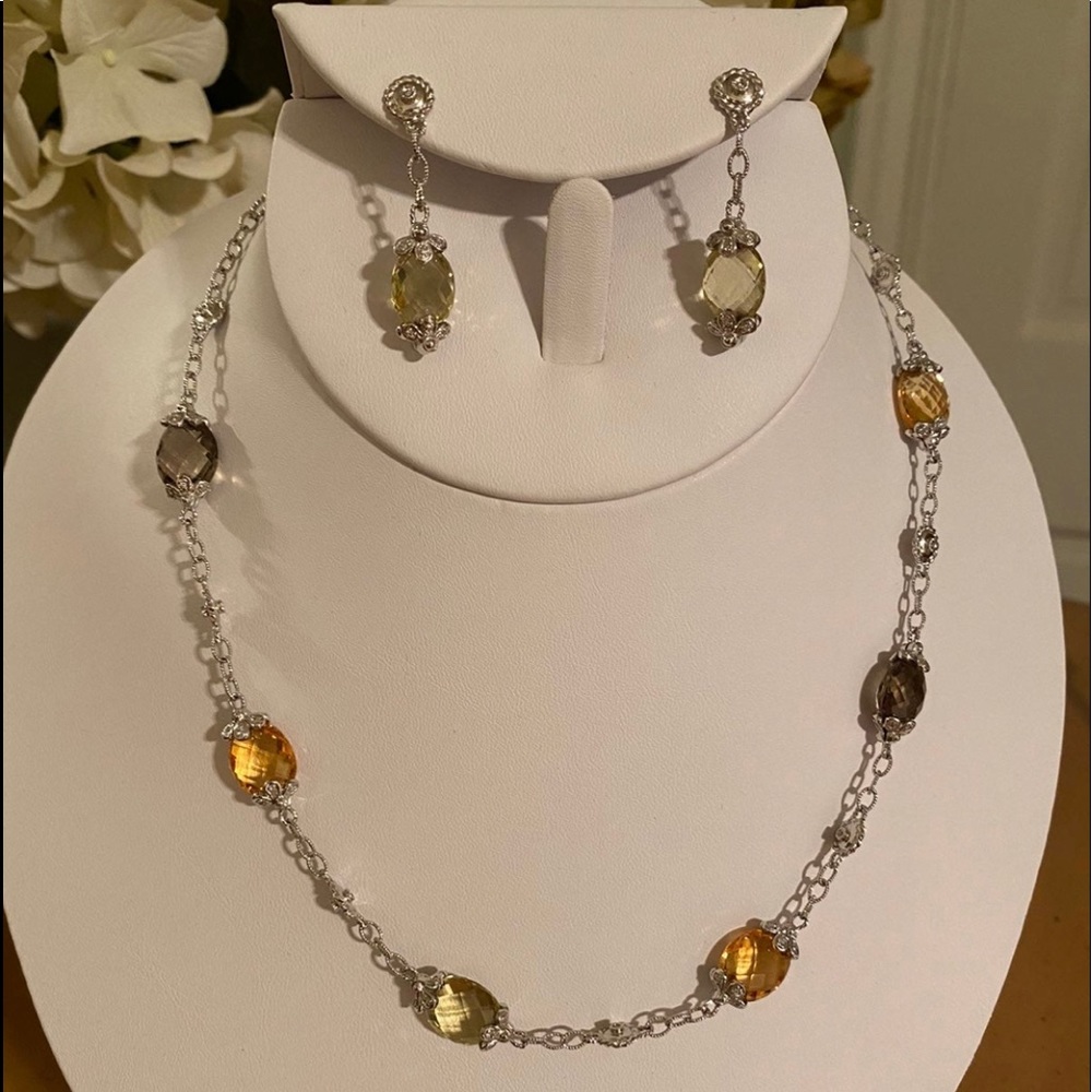 14k solid white gold flower necklace and earrings gemstone set